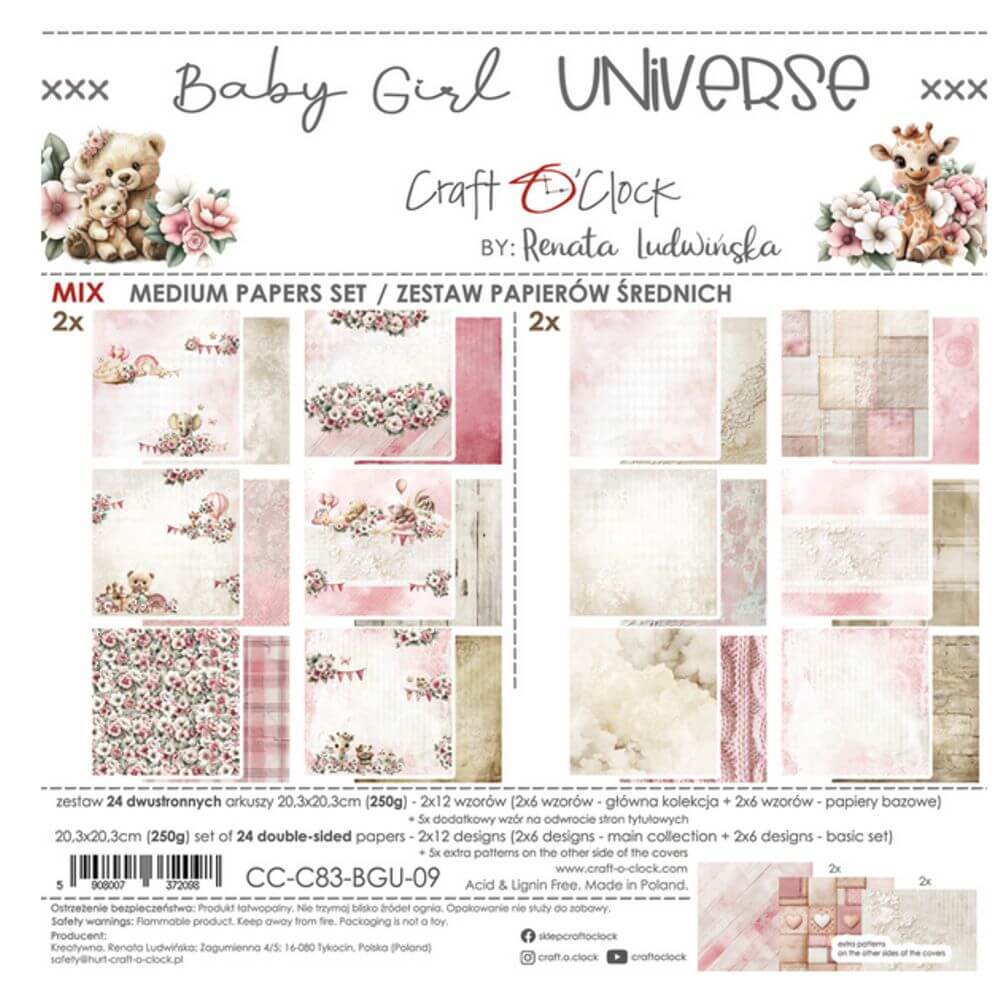 CC-C83-BGU-09 Zestaw Papierów Mix 8x8 Craft O'Clock Baby Girl Universe.jpg